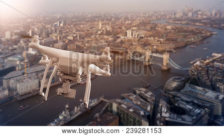 multicopter drone flying over the cityscape of London, England, United Kingdom