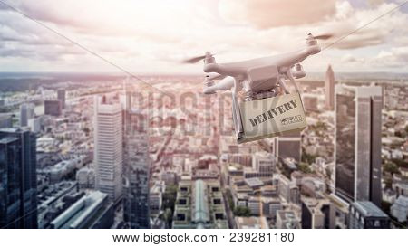 multicopter drone with package flying over the city of Frankfurt am Main, Germany