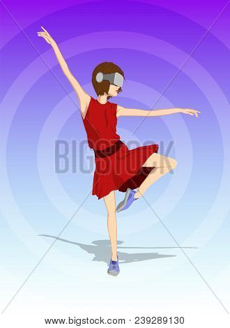 Girl Dancing In Virtual Reality Headset. Abstract Vr World On Background. Vector Illustration.