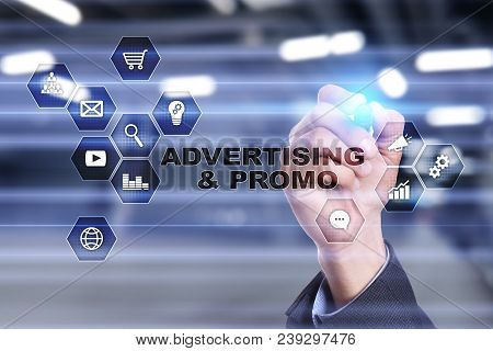 Avertising, Marketing Strategy. Icons And Graphs On Virtual Screen. Business, Internet And Technolog