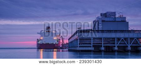 Lng Tanker - Sunrise Over The Sea Gas Terminal