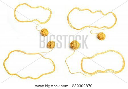 Set Of Clouds Made Of Yellow Threads And Thread Balls  Isolated On White Background. Cotton Thread B