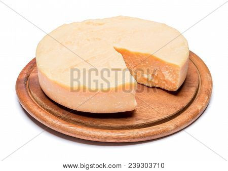 Whole Round Head And Pieces Of Parmesan Or Parmigiano Hard Cheese