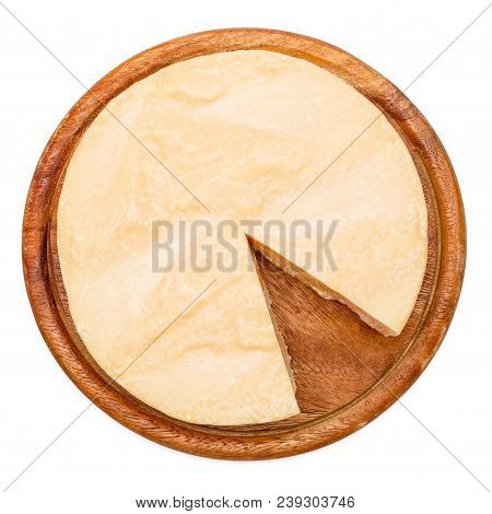 Whole Round Head And Pieces Of Parmesan Or Parmigiano Hard Cheese