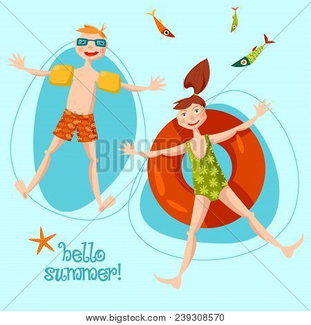 Boy Wearing Inflatable Armbands And Girl With A Float Rubber Safety Ring Swimming In The Sea. Hello 