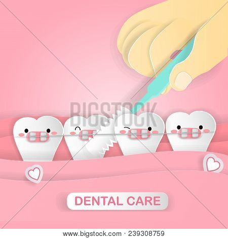 Cute Cartoon Tooth With Interdental Brush On The Pink Backgorund