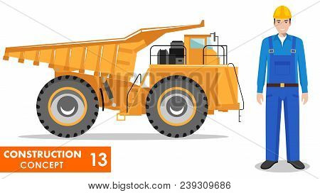 Detailed Illustration Of Off-highway Truck And Miner, Worker, Builder, Driver In Flat Style On White