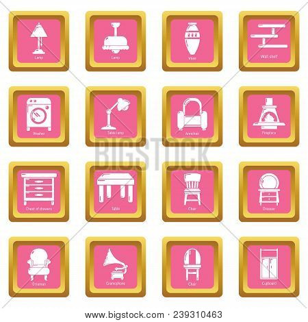 Interior Furniture Icons Set Vector Pink Square Isolated On White Background