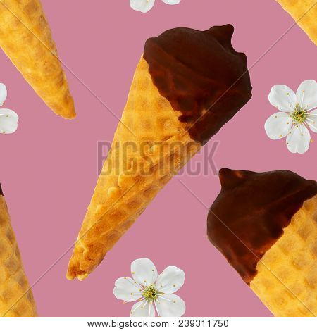 Seamless Pattern. Ice Cream Waffle Horn In Chocolate Glaze.