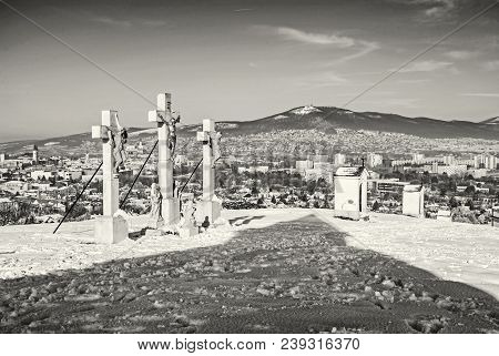 Calvary In Nitra City With Zobor Hill, Slovak Republic. Religious Place. Winter Scene. Cultural Heri