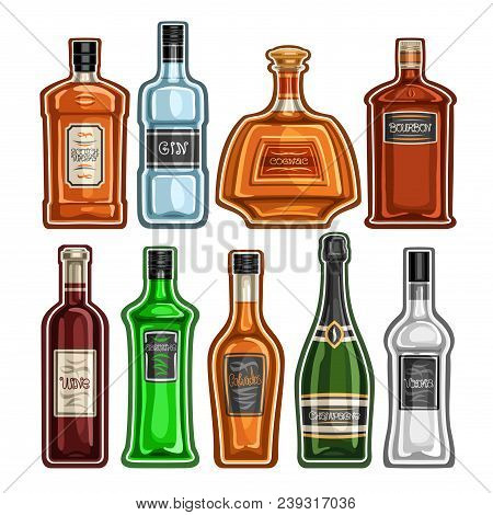 Vector Set Of Different Bottles, 9 Full Glass Containers With Colorful Premium Alcohol Drinks Variou