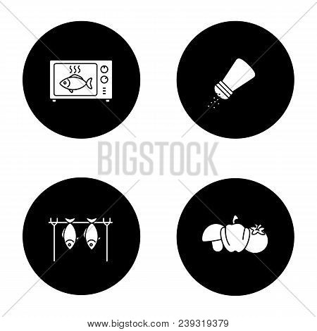 Barbecue Glyph Icons Set. Bbq. Grilled Fish In Microwave, Salt Or Pepper Shaker, Vegetables, Stockfi
