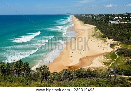 View Over Sunshine Beach South Of Noosa, Qld, With People.