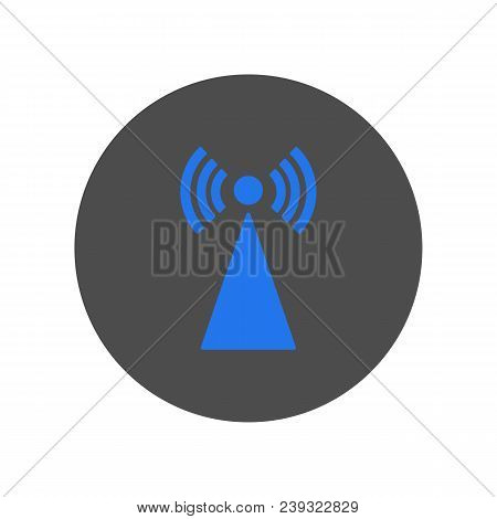 Blue Cell Tower. Antenna. Round Button. Vector Flat Icon.