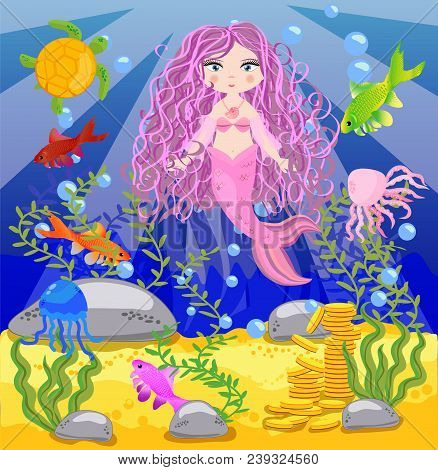 Vector Background With An Underwater World In A Children's Style. A Mermaid Is Sitting On A Rock. Wo