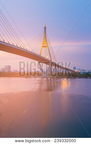 Beautiful After Sunset Sky Over Rama9 Suspension Bridge Bangkok River Front, Thailand