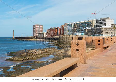 Residential Buildings At Boulevard In Montevideo, Uruguay. Montevideo Is The Capital And The Largest