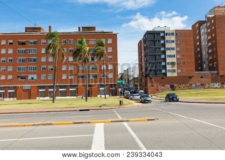 Residential Buildings At Boulevard In Montevideo, Uruguay. Montevideo Is The Capital And The Largest