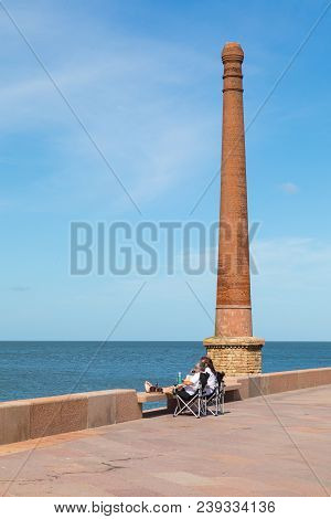 Montevideo, Uruguay - February 03, 2018: People Fishing At Boulevard In Montevideo, Uruguay. Montevi
