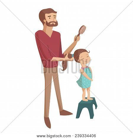 Father Is Combing Daugter Hair With Brush Making Pony Tale Vector Cartoon Illustration