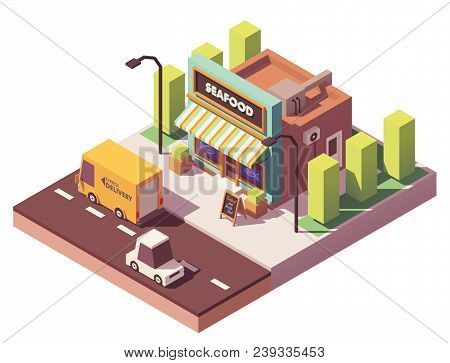 Vector Isometric Fish And Seafood Shop Or Fish Market Building Neon Signs And Awnings