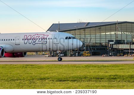 Gdansk, Poland - May 5, 2018: Passenger Plane Of Wizz Air Taxiing At Lech Walesa Airport In Gdansk.
