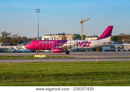 Gdansk, Poland - May 5, 2018: Passenger Plane Of Wizz Air Taxiing At Lech Walesa Airport In Gdansk.