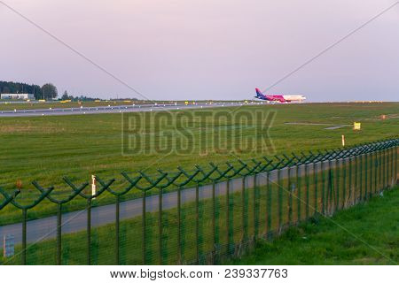 Gdansk, Poland - May 5, 2018: Passenger Plane Of Wizz Air Taxiing At Lech Walesa Airport In Gdansk.