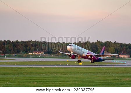Gdansk, Poland - May 5, 2018: Passenger Airplane Of Wizz Air Take Off From Lech Walesa Airport In Gd