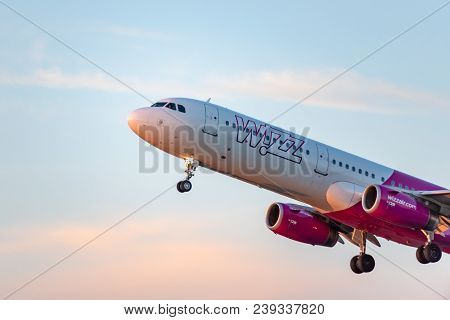 Gdansk, Poland - May 5, 2018: Passenger Airplane Of Wizz Air Take Off From Lech Walesa Airport In Gd