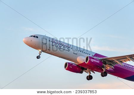 Gdansk, Poland - May 5, 2018: Passenger Airplane Of Wizz Air Take Off From Lech Walesa Airport In Gd