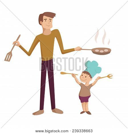 Dad Cooks With Son Fties On Pan Vector Cartoon Illustration