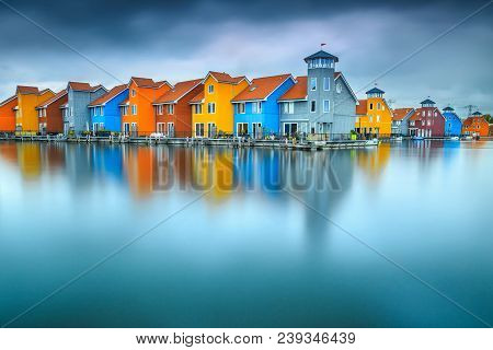 Famous Dutch Cityscape, Reitdiephaven Street With Traditional Colorful Houses On Water, Groningen, N