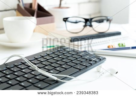 Close Up Gedgets On Workplace White Desk With Laptop And Smartphone