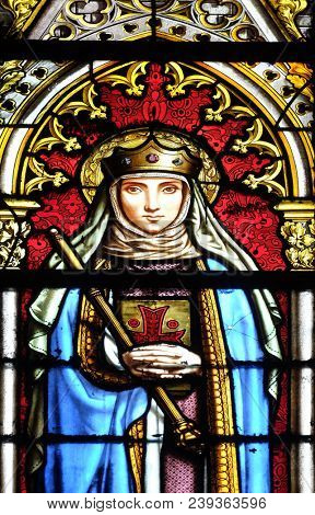 PARIS, FRANCE - JANUARY 05: Saint Radegund, stained glass window in the Basilica of Saint Clotilde in Paris, France on January 05, 2018.