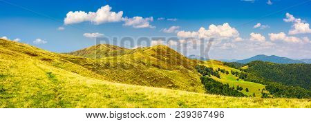 Panorama Of Krasna Mountain Ridge. Beautiful Landscape With Grassy Slopes And Forested Hill Under Th