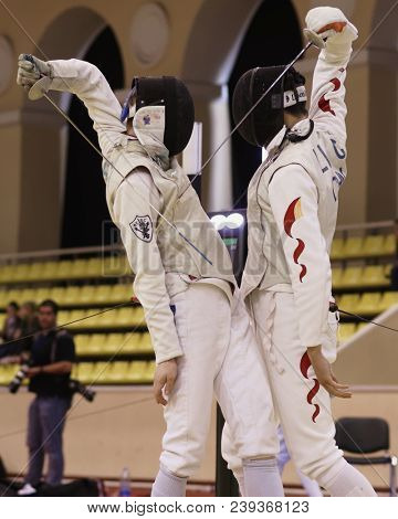 ST. PETERSBURG, RUSSIA - MAY 4, 2018: Chen Li, China vs Hans Joachim Lecocq, Belgium in first competition day of Fencing World Cup Saint-Petersburg Foil. This annual tournament is hold in 44th time