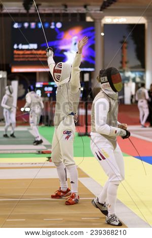 ST. PETERSBURG, RUSSIA - MAY 4, 2018: Peter Joppich, Germany vs Dominic De Almeida, Great Britain in first competition day of Fencing World Cup Saint-Petersburg Foil. Tournament is hold in 44th time