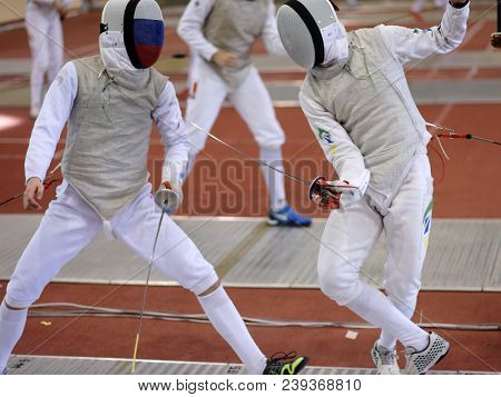 ST. PETERSBURG, RUSSIA - MAY 4, 2018: Vladislav Mylnikov, Russia vs Heitor Shimbo, Brazil in first competition day of Fencing World Cup Saint-Petersburg Foil. The tournament is hold in 44th time