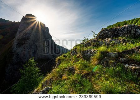 Sunrise In Canyon Of Trascau Mountains. Lovely Scenery Of Carpathian Landscape In Springtime. Beauti