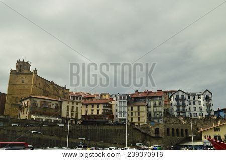 Beautiful Fortified Town Of Getaria Capture Taken From Its Beautiful Harbor. Architecture Middle Age