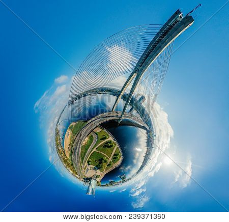 Riga, Latvia, Virtual, Reality Vr Technology 360 Life Simulation Drone Shot Daugava River Sphere Van