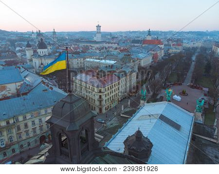 Old European Architecture. Opera Building In Center Of City. Aerial View