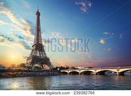 Eiffel Tower And Bridge Iena On The River Seine In Paris, France.
