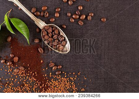 Various Types Of Coffee From Above. Coffea Leaves And Roasted Beans Flat Lay.