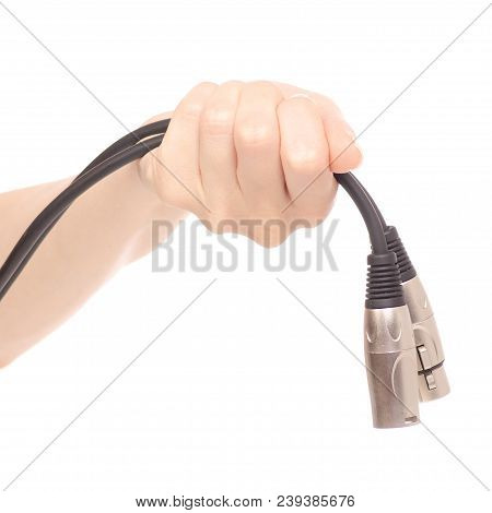 Xlr Cable In Hand Sound Microphone Electronic On White Background Isolation
