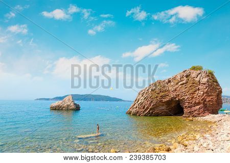 Beautiful View On Wild Beach In Rafailovici On The Budva Riviera In Montenegro On A Hot Sunny Summer