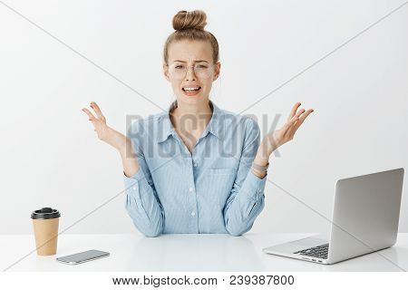 Girl Cannot Handle Pressure And Piles Of Work. Depressed Woman In Glasses, Whining Or Crying, Feelin