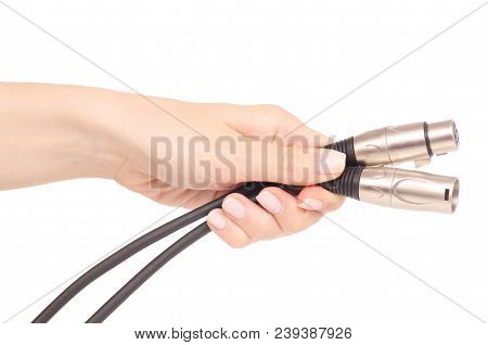 Xlr Cable In Hand Sound Microphone Electronic On White Background Isolation