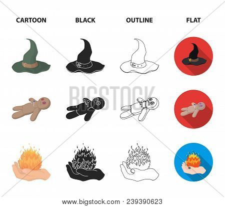 A Voodoo Doll, A Magical Fire, A Love Potion, A Skull.black And White Magic Set Collection Icons In 
